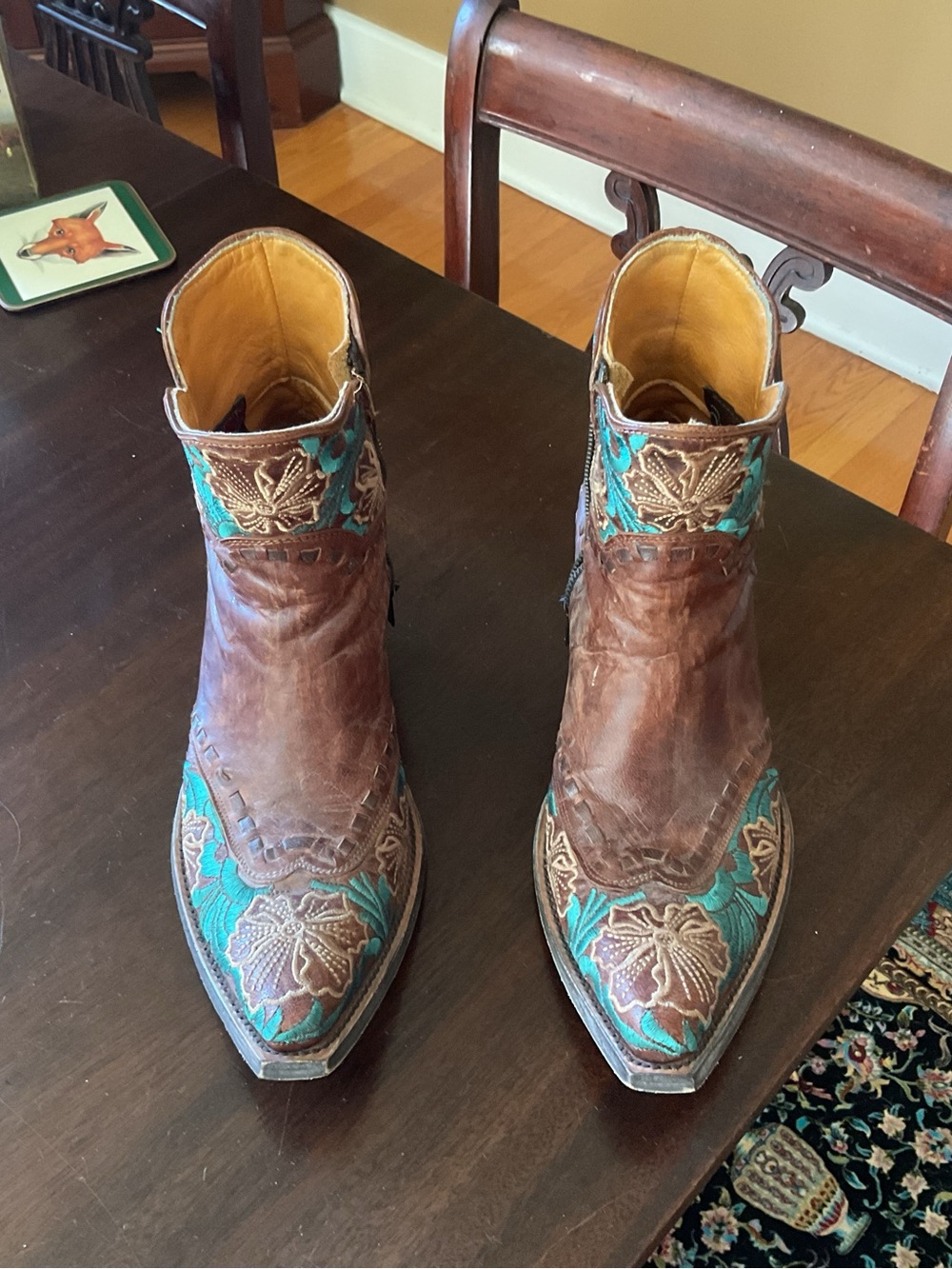Old Gringo Brown Leather Ankle Boots with Turquoise Embroidery